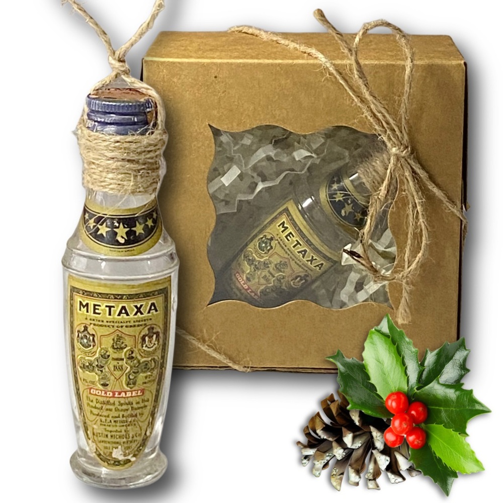 Metaxa Gold Label Greek Amber Spirit Artisan Vintage Glass Bottle Ornament